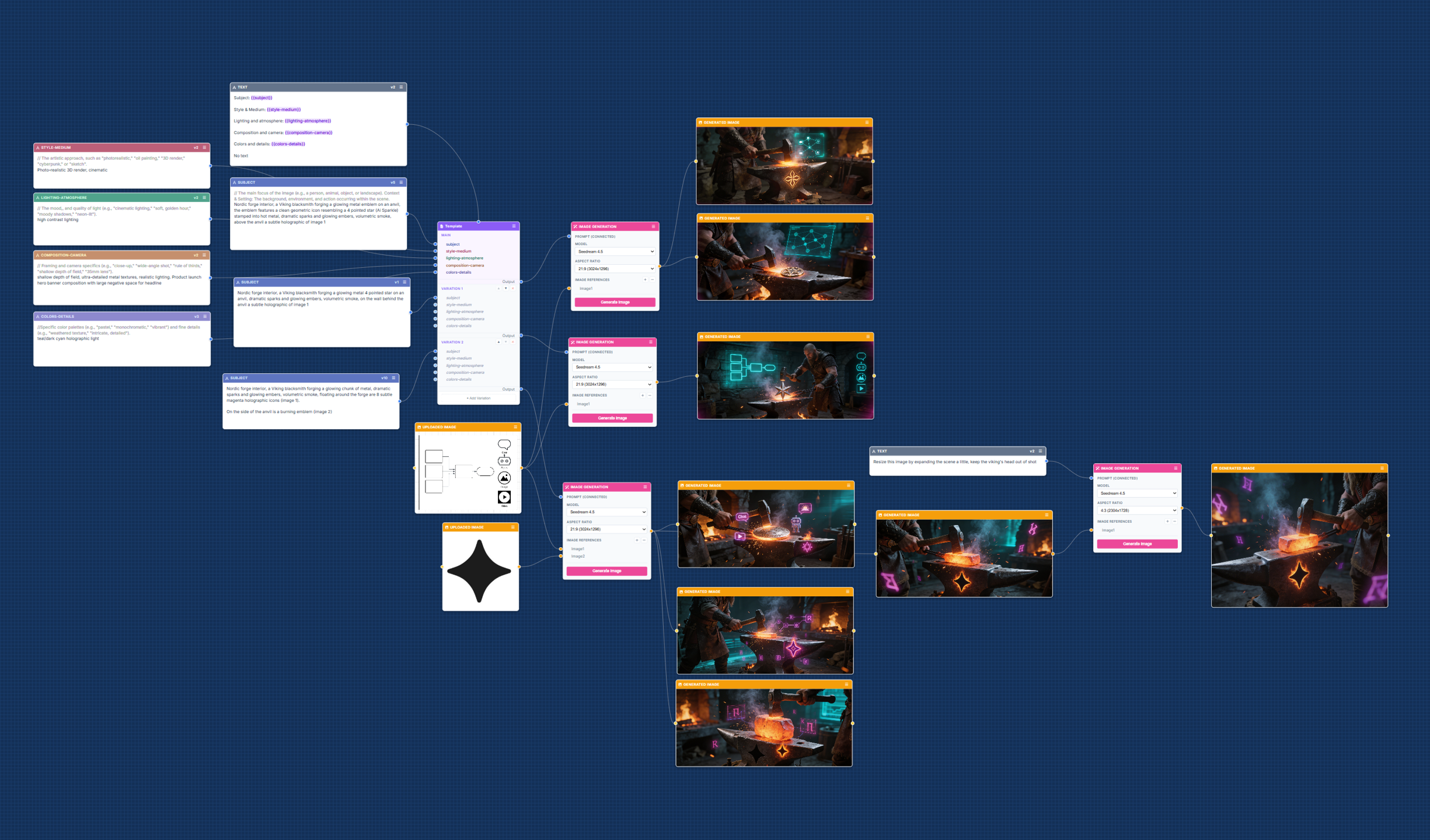 Visual prompt builder showing reusable image prompt blocks